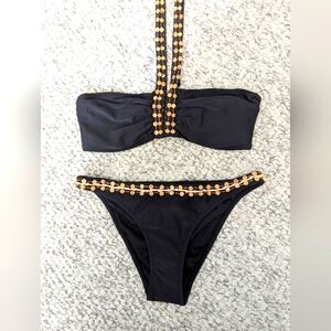 NWT Womens (Size Medium) Black Tube Top Bikini With Shell Buttons & Gold Accents